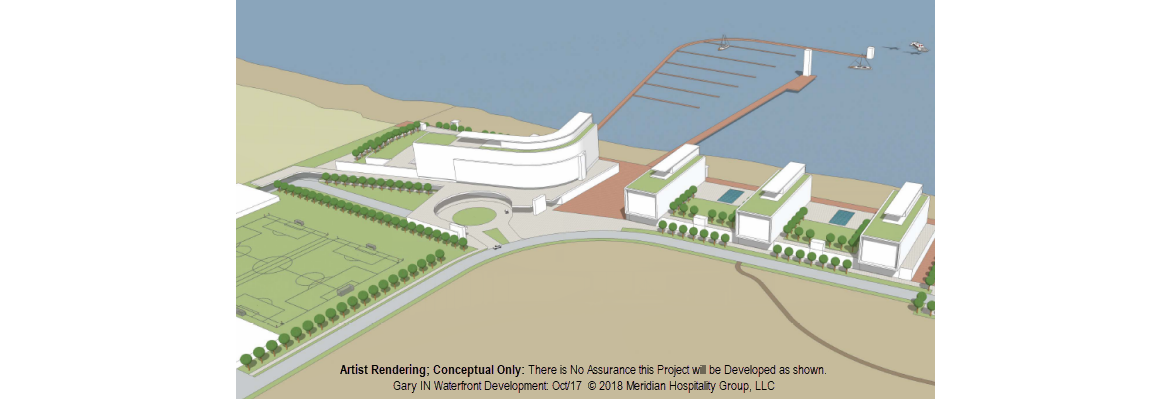 Meridian Development Waterfront Rendering Aerial View Lake Beach, Lake Michigan and Dunes at Gary, Indiana